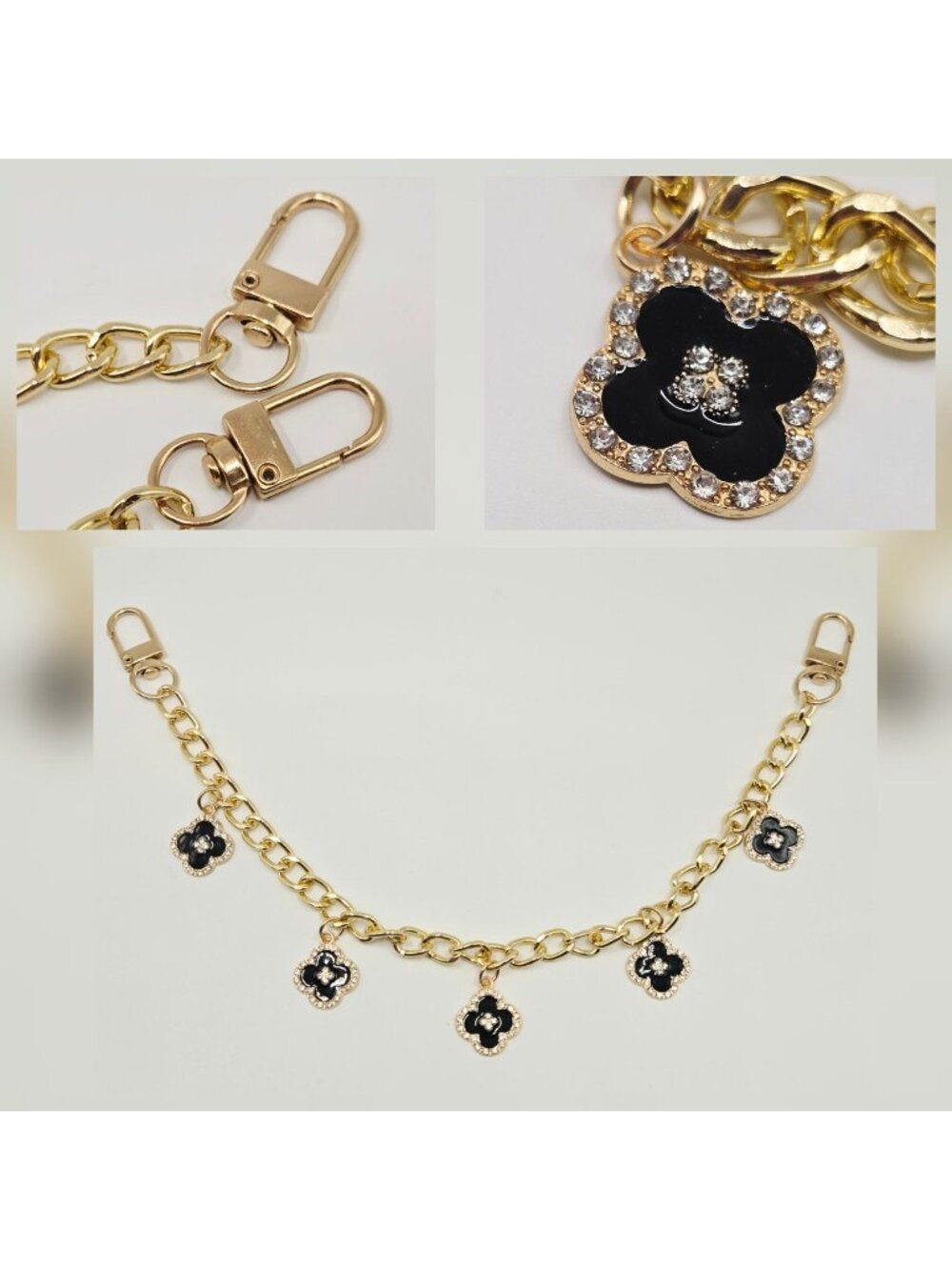 Purse charm / chain. 12" Gold Clovers Black Enamel and Crystals